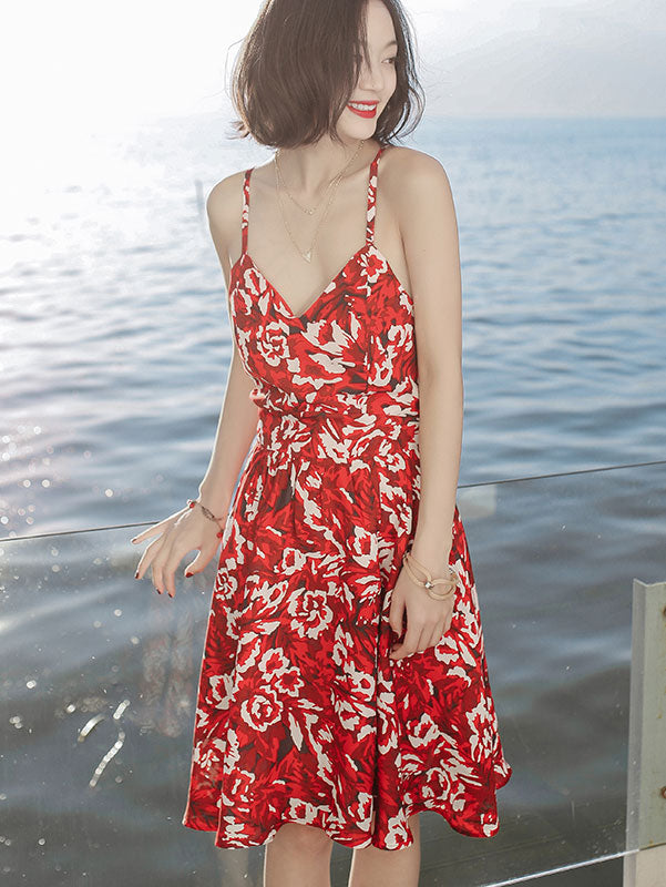 Red Floral Tie Back Short Slip Beach Dress
