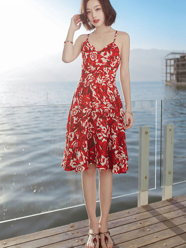 Red Floral Tie Back Short Slip Beach Dress - IMALLURE XL Red Floral Tie Back Short Slip Beach Dress - IMALLURE XL