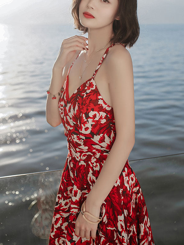 Red Floral Tie Back Short Slip Beach Dress