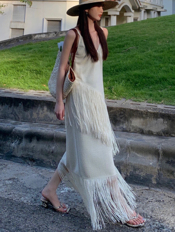 White Tassels Slip Beach Dress