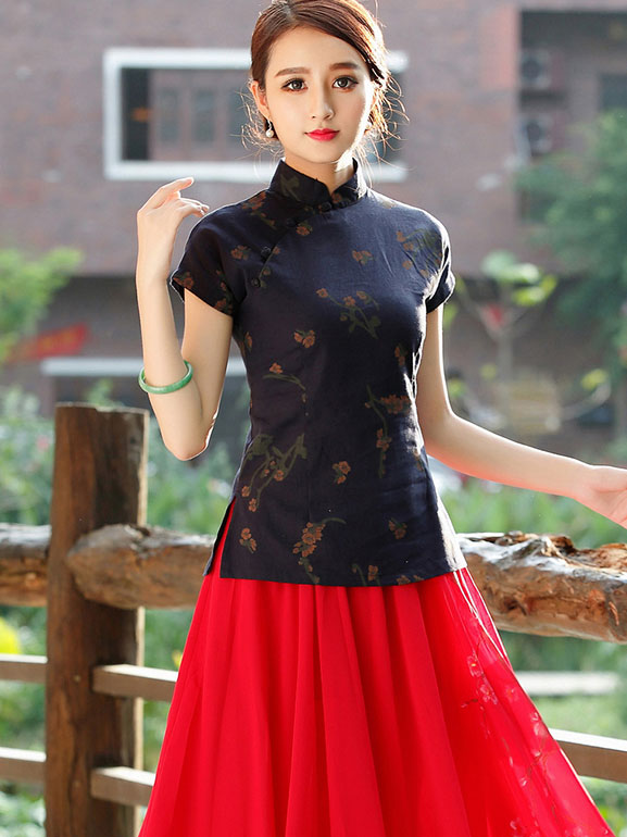 Red Blue Floral Qipao / Cheongsam T-Shirt Top