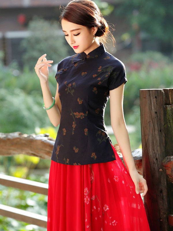 Red Blue Floral Qipao / Cheongsam T-Shirt Top