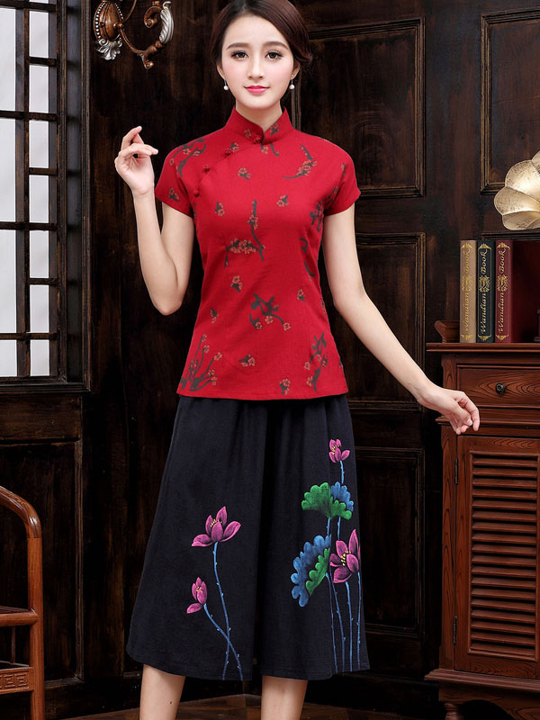 Red Blue Floral Qipao / Cheongsam T-Shirt Top