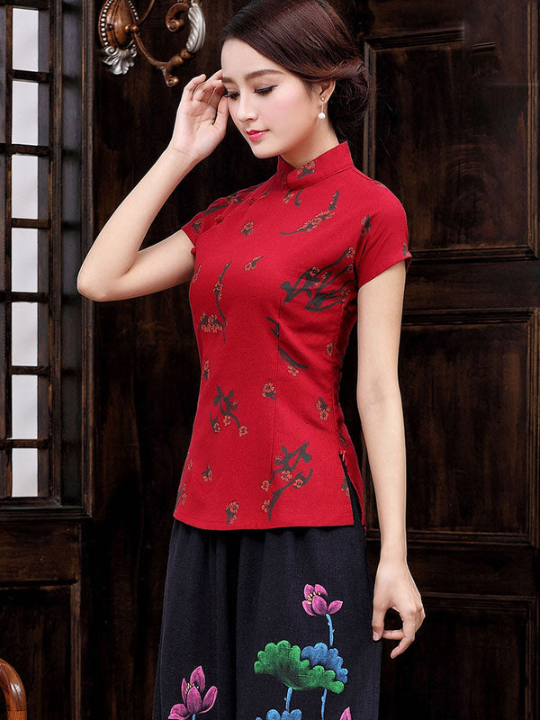 Red Blue Floral Qipao / Cheongsam T-Shirt Top