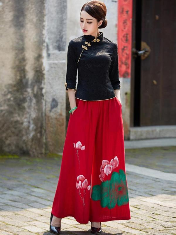 White Black Jacquard Qipao / Cheongsam Top Blouse