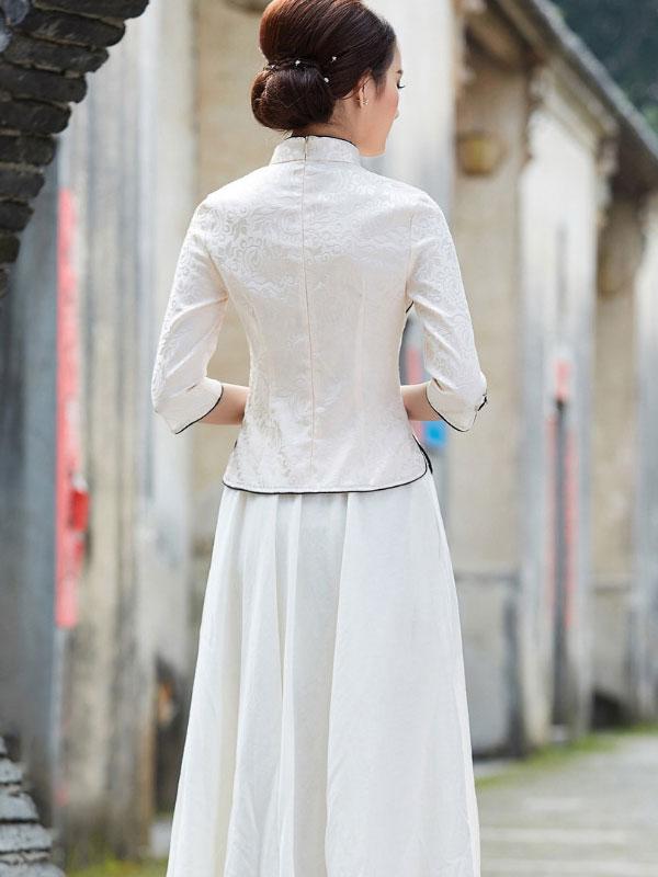 White Black Jacquard Qipao / Cheongsam Top Blouse