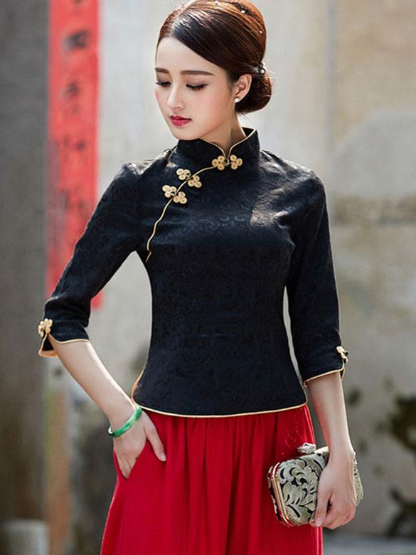 White Black Jacquard Qipao / Cheongsam Top Blouse