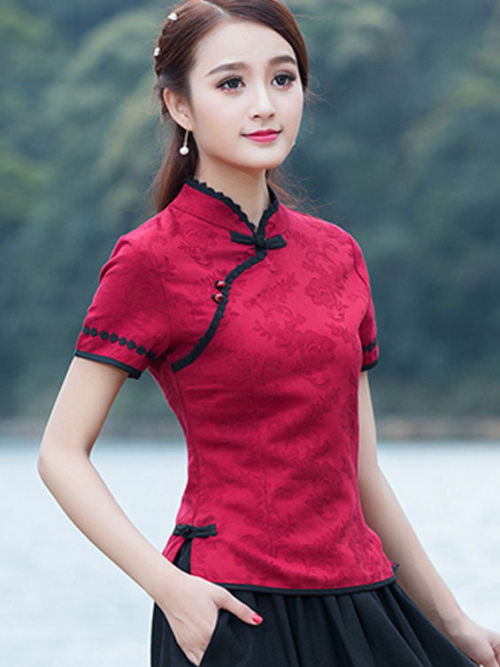 Red Jacquard Linen Qipao / Cheongsam Top Shirt