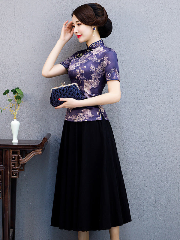 Black Purple Floral Qipao / Cheongsam Blouse Top