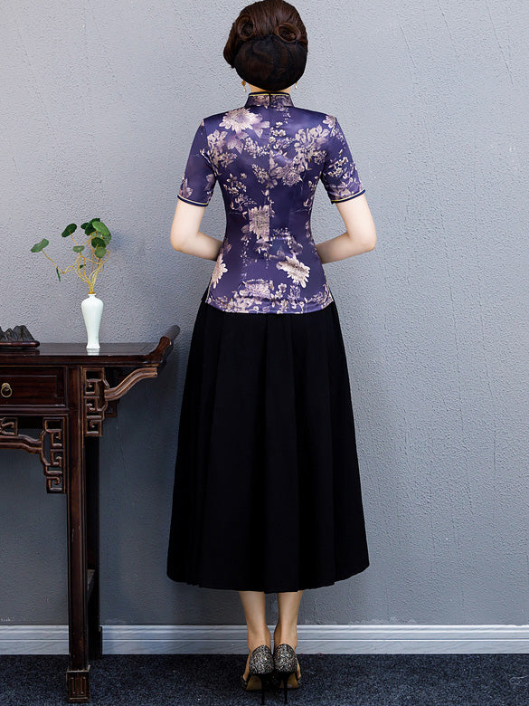 Black Purple Floral Qipao / Cheongsam Blouse Top