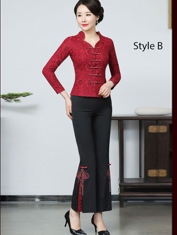 Mother's Red Lace Cheongsam Blouse Top