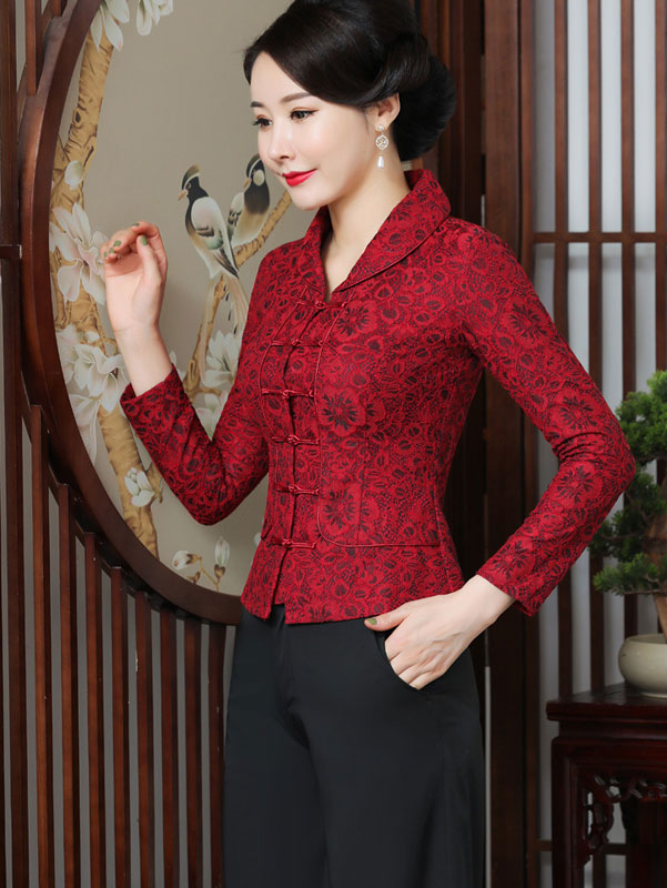 Mother's Red Lace Cheongsam Blouse Top