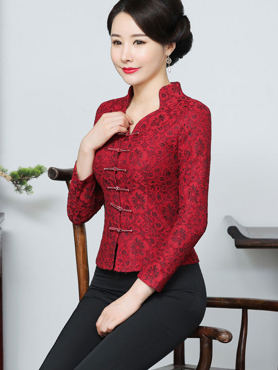 Mother's Red Lace Cheongsam Blouse Top