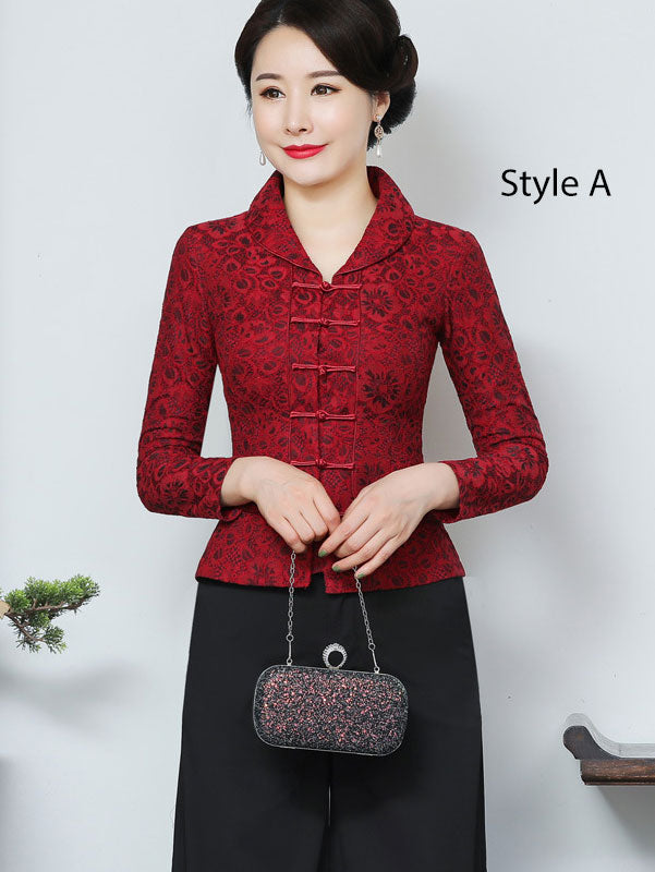 Mother's Red Lace Cheongsam Blouse Top