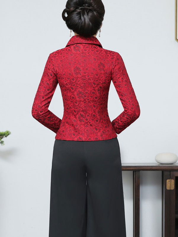 Mother's Red Lace Cheongsam Blouse Top