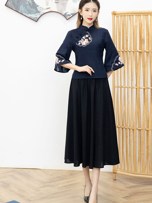 Two Piece Red Blue Bell Sleeve Cheongsam Qi Pao Blouse Top