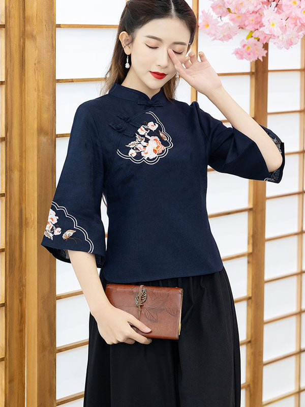 Two Piece Red Blue Bell Sleeve Cheongsam Qi Pao Blouse Top