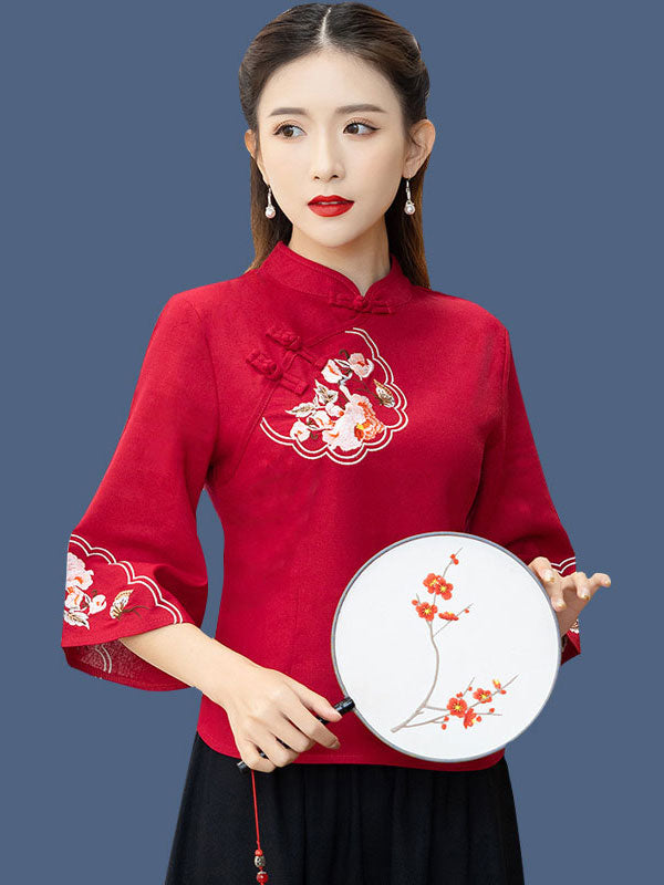 Two Piece Red Blue Bell Sleeve Cheongsam Qi Pao Blouse Top