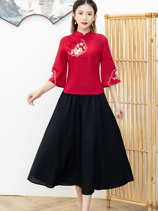 Two Piece Red Blue Bell Sleeve Cheongsam Qi Pao Blouse Top