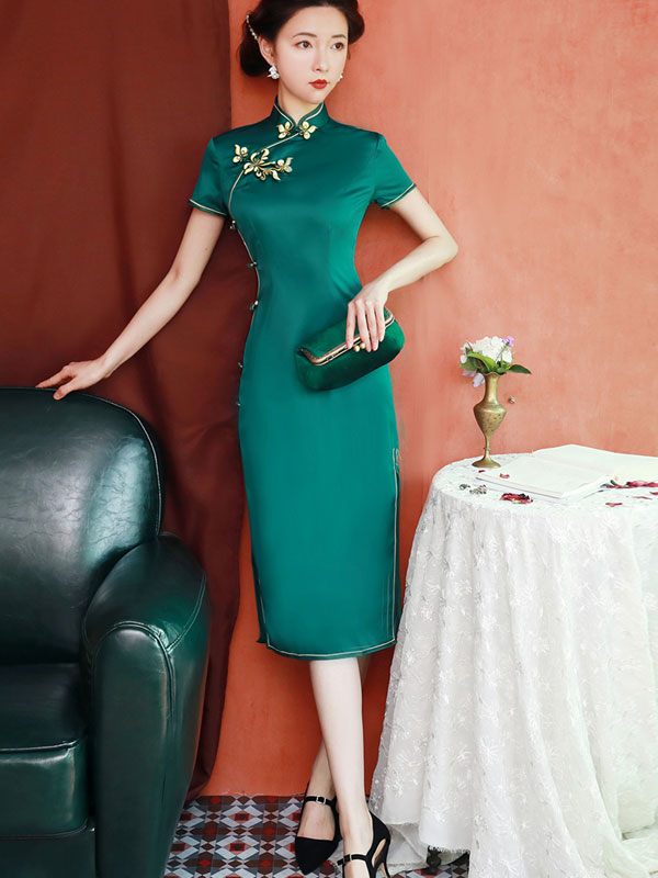 Green Silk Tea-Length Qipao / Cheongsam Party Dress - Imallure L Green Silk Tea-Length Qipao / Cheongsam Party Dress - Imallure L