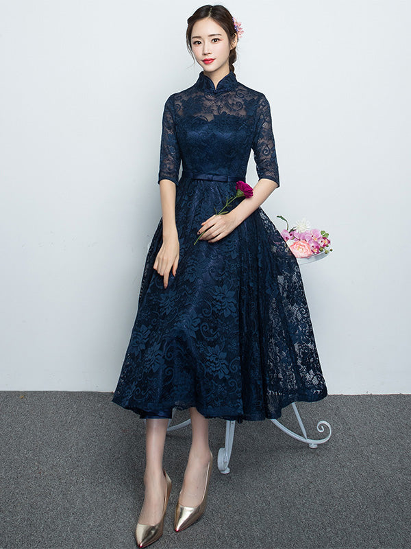 Blue Lace A-Line Qipao / Cheongsam Evening Dress