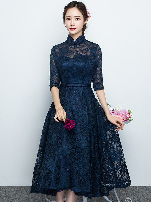 Blue Lace A-Line Qipao / Cheongsam Evening Dress