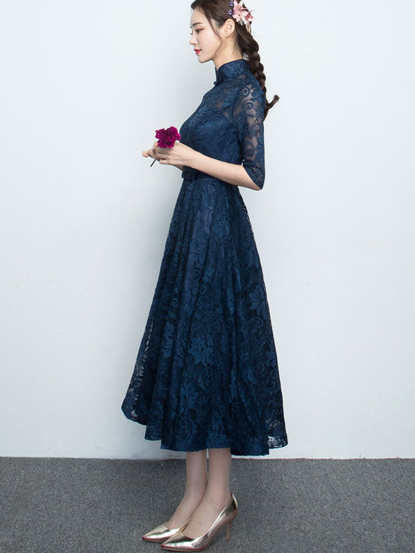 Blue Lace A-Line Qipao / Cheongsam Evening Dress