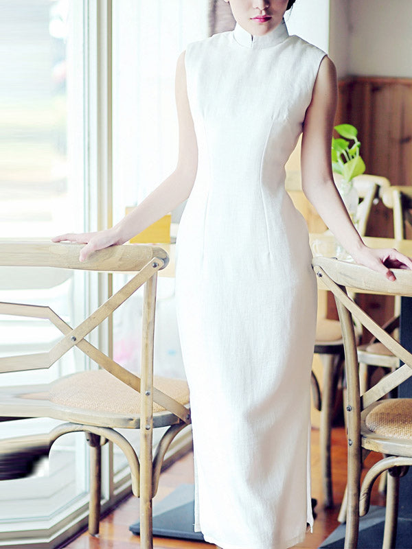 White Ramie Tea-Length  Qipao / Cheongsam Party Dress