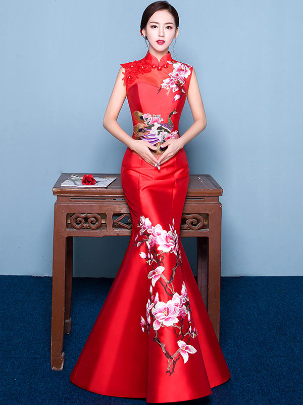 Embroidered Phoenix Mermaid Qipao / Cheongsam Wedding Dress -Imallure Custom Made / Red Embroidered Phoenix Mermaid Qipao / Cheongsam Wedding Dress -Imallure Custom Made / Red