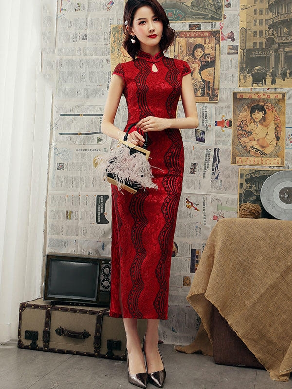 Red Lace Ankle-length Qipao / Cheongsam Party Dress - IMALLURE S Red Lace Ankle-length Qipao / Cheongsam Party Dress - IMALLURE S