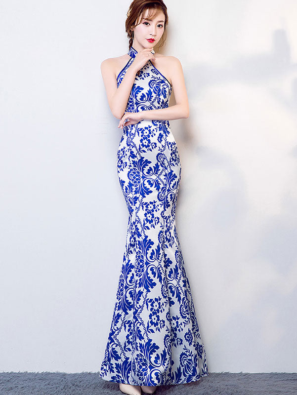 Blue & White Floral Halter Fishtail Qipao / Cheongsam Dress - IMALLURE L Blue & White Floral Halter Fishtail Qipao / Cheongsam Dress - IMALLURE L