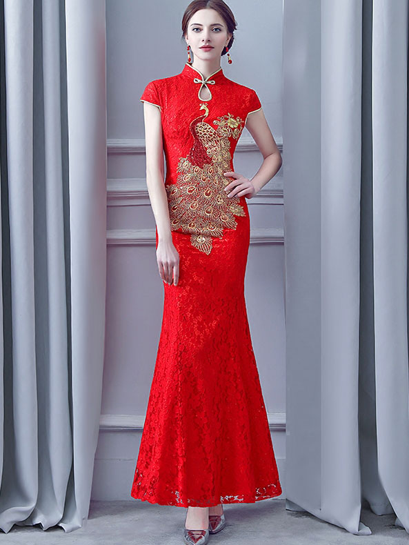 Red Lace Phoenix Fishtail Long Qipao Cheongsam Wedding Dress 3XL