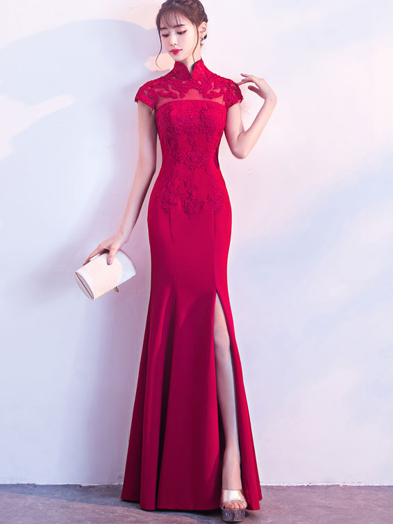 Red Slinky Thigh Long Qipao / Cheongsam Gown with Lace Top - imallure XL / Red Red Slinky Thigh Long Qipao / Cheongsam Gown with Lace Top - imallure XL / Red