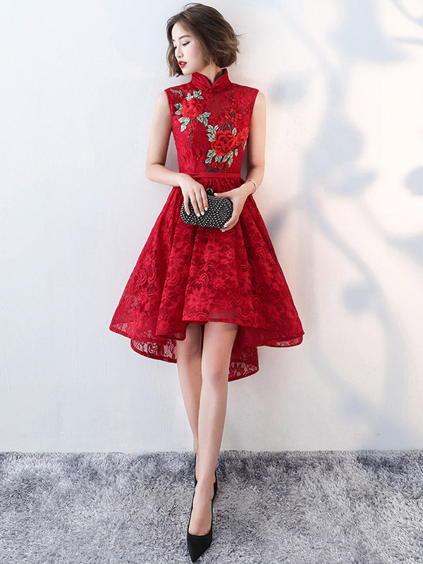 Red Lace Qi Pao Cheongsam Dress with High Low Hem - IMALLURE S