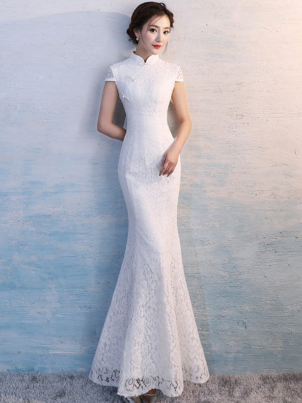 White Lace Fishtail Qipao Cheongsam Wedding Gown - imallure White Lace Fishtail Qipao Cheongsam Wedding Gown - imallure