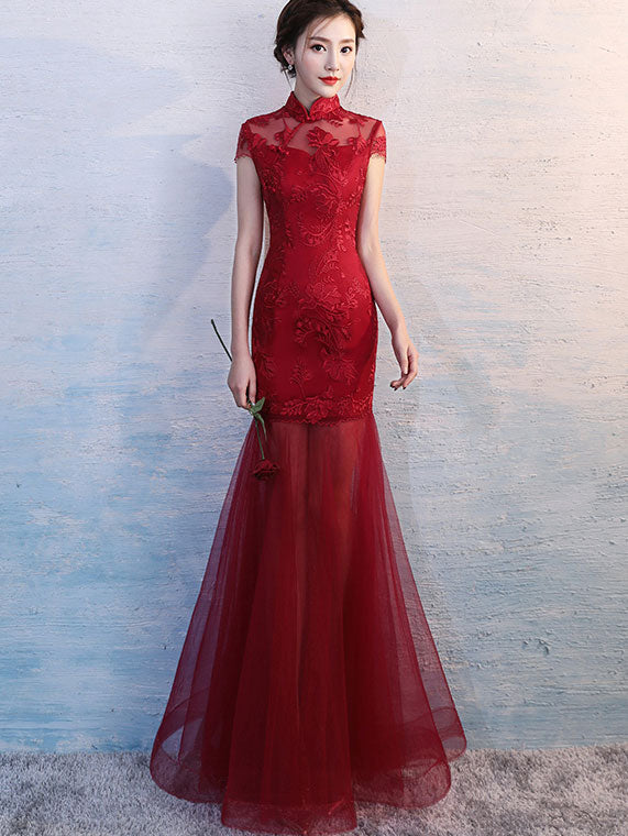 Red Fishtail Qipao Cheongsam Wedding Dress with Illusion Skirt Custom Made / Burgundy Red Fishtail Qipao Cheongsam Wedding Dress with Illusion Skirt Custom Made / Burgundy