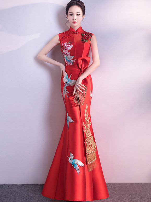 Red Blue Embroidered Fishtail Qipao Cheongsam Wedding Dress Custom Made / Red