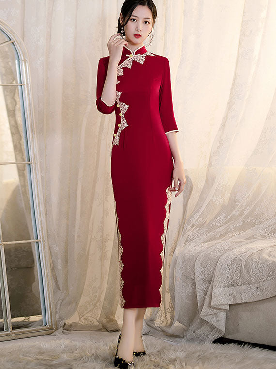 Red Blue Winter Wedding Qipao Cheongsam Dress - IMALLURE 4XL / Red Red Blue Winter Wedding Qipao Cheongsam Dress - IMALLURE 4XL / Red