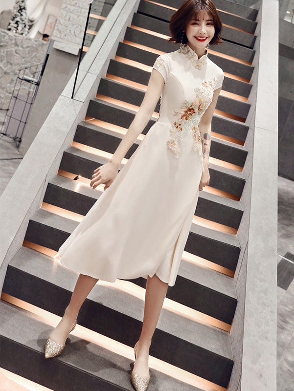 White Floral A-Line Midi Qipao / Cheongsam Party Dress - IMALLURE M