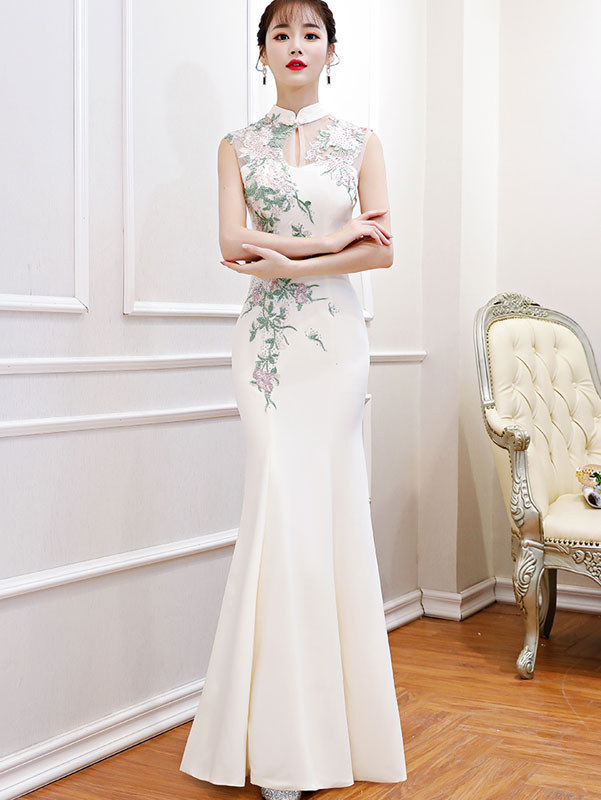 White Beads Embroidered Fishtail Qipao Cheongsam Wedding Dress