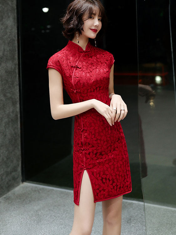 Red White Lace Short Qipao / Cheongsam Party Dress - IMALLURE M Red White Lace Short Qipao / Cheongsam Party Dress - IMALLURE M