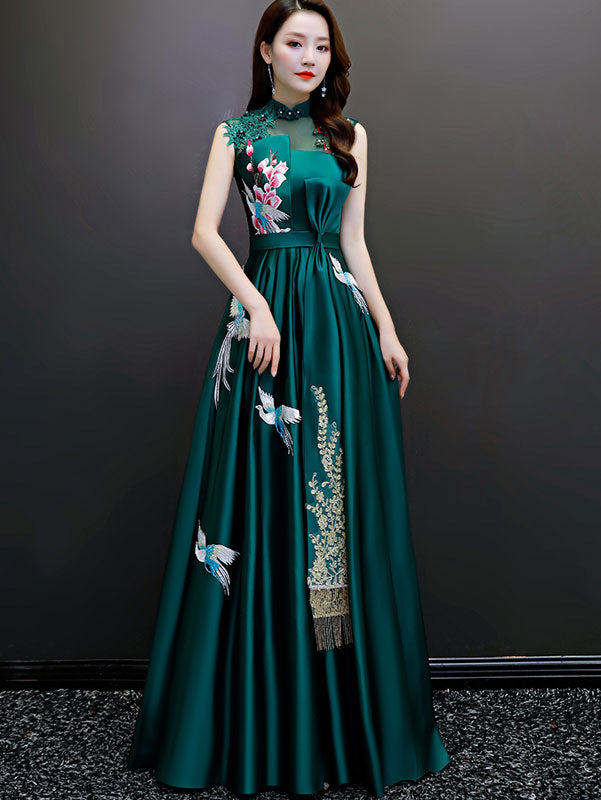 Green A-Line Phoenix Maxi Qipao / Cheongsam Evening Dress