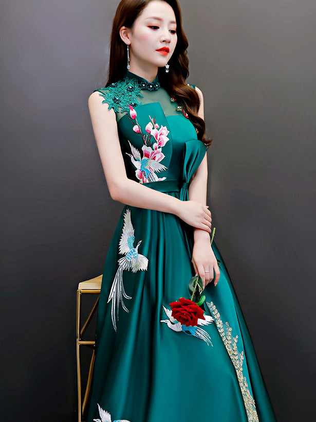Green A-Line Phoenix Maxi Qipao / Cheongsam Evening Dress