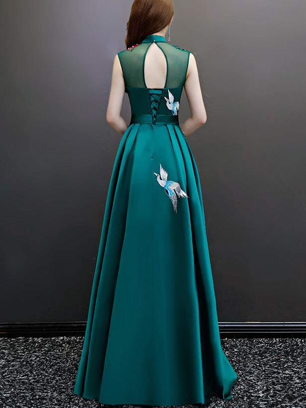 Green A-Line Phoenix Maxi Qipao / Cheongsam Evening Dress