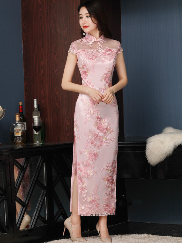 Pink Embroidered Long Qipao / Cheongsam Wedding Dress - IMALLURE M Pink Embroidered Long Qipao / Cheongsam Wedding Dress - IMALLURE M