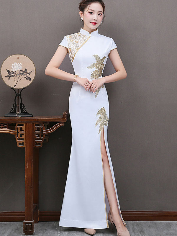 White Green Thigh Split Qipao / Cheongsam Evening Dress - IMALLURE S / White White Green Thigh Split Qipao / Cheongsam Evening Dress - IMALLURE S / White