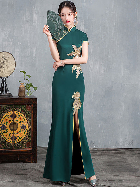 Dark Green Thigh Split Front Maxi Cheongsam Qi Pao Dress
