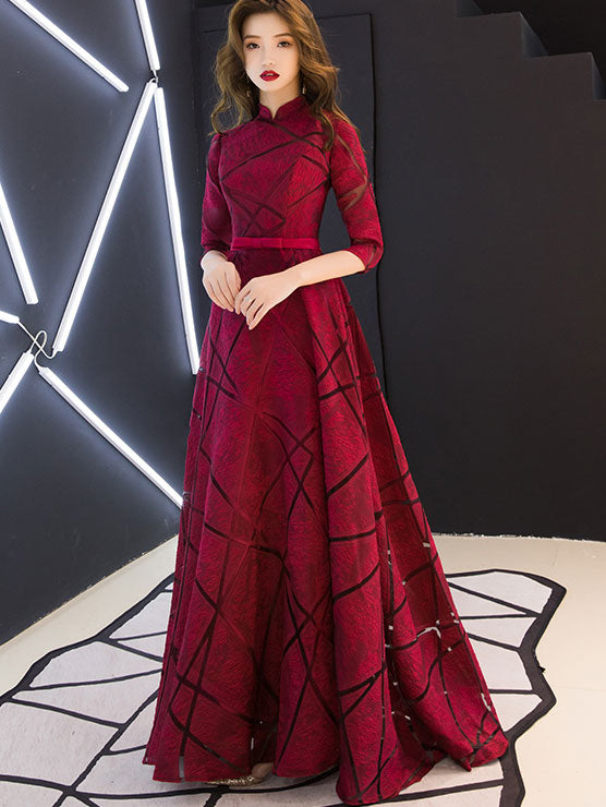 strapless open back dress Wine Red A-Line Maxi Qipao Cheongsam Wedding Dress