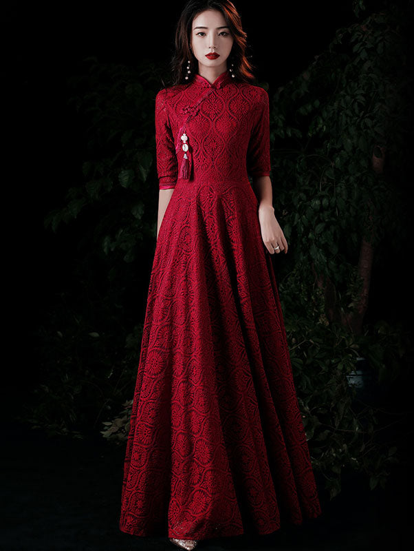 Burgundy Lace A-Line Maxi Qipao / Cheongsam Wedding Dress - IMALLURE Burgundy Lace A-Line Maxi Qipao / Cheongsam Wedding Dress - IMALLURE