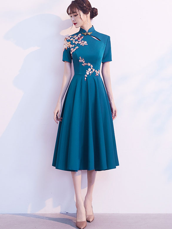 Blue Fit & Flare Cheongsam Qi Pao Party Dress - IMALLURE Custom Made Blue Fit & Flare Cheongsam Qi Pao Party Dress - IMALLURE Custom Made